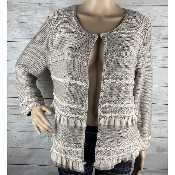 Ruby Rd. Cardigan Sweater Natural Tan Textured Stripes Ruffle Boho - Picture 1 of 12